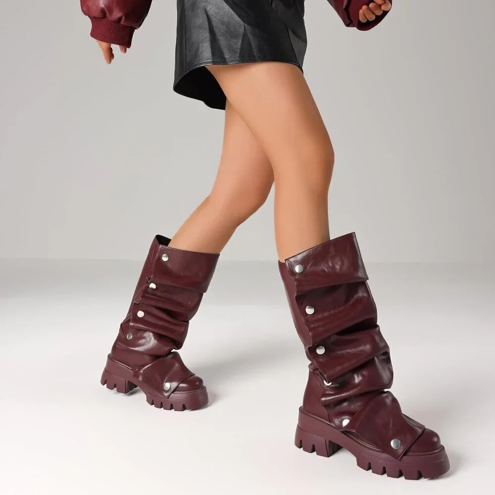 Women's Burgundy Pu Fold Over Knee Slouchy Ruched Stacked Heel Round Toe Boots